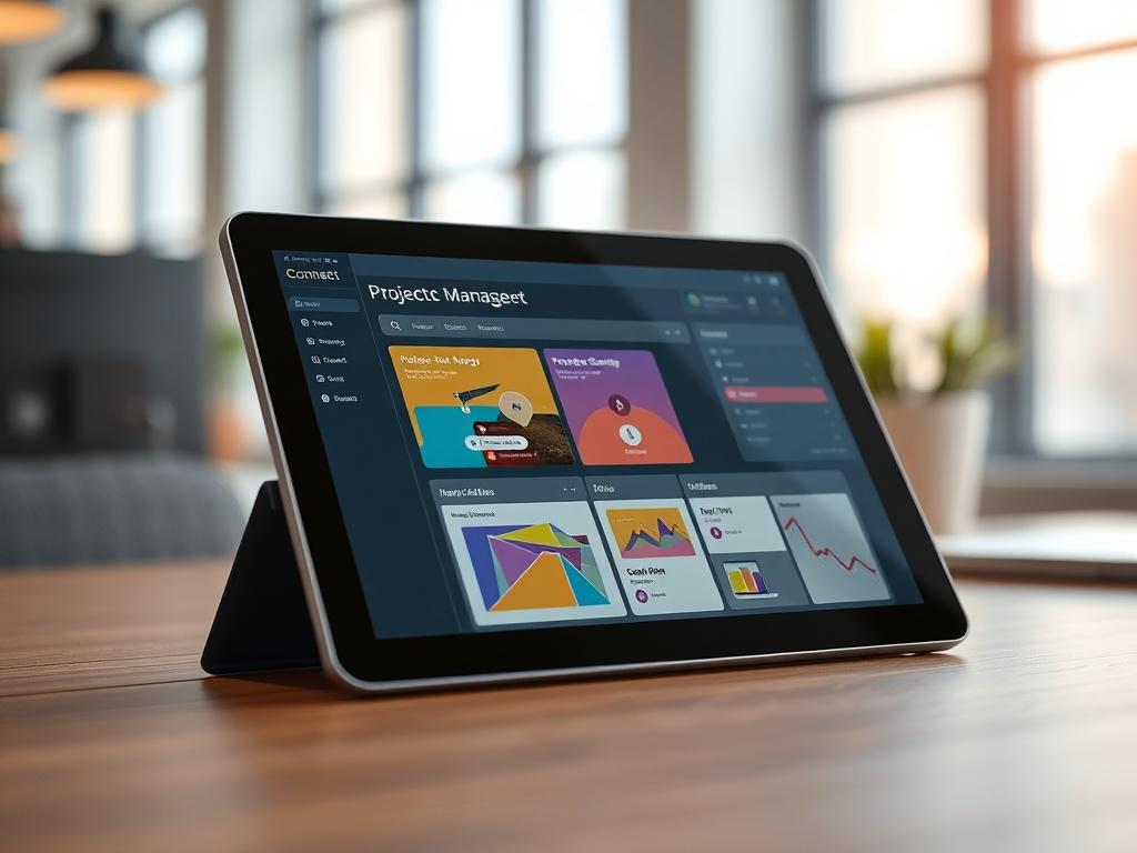 A hyper-realistic close-up of a digital tablet displaying the CondoConnect interface, with colorful graphics and project management tools visible on the screen. The background should be a modern office space with soft natural light.