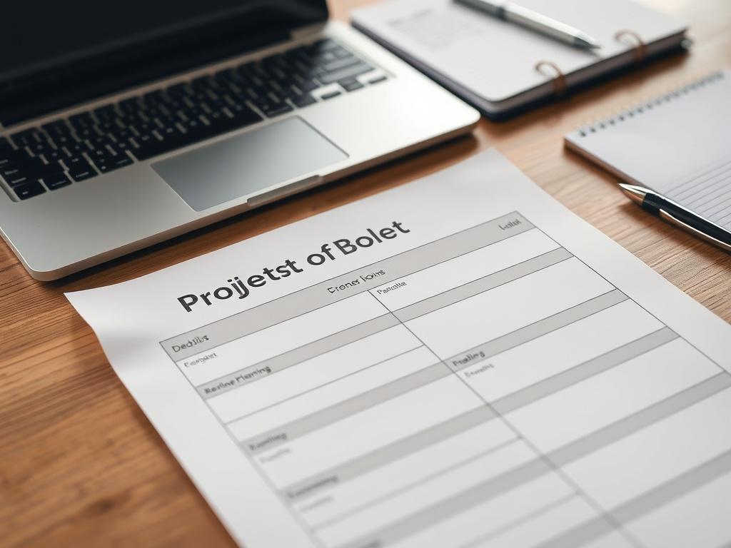 A hyper-realistic close-up of a printed project template on a wooden desk, surrounded by a laptop, a notepad, and a pen. The template showcases sections for deadlines and budget planning, with a clean and organized design.