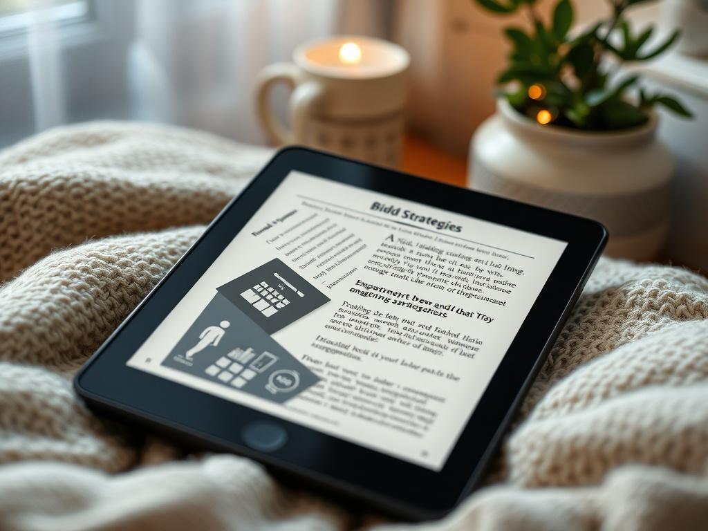 A hyper-realistic close-up of an ebook displayed on an e-reader, featuring engaging graphics and informative content about bidding strategies. The background is a cozy reading nook with soft lighting.