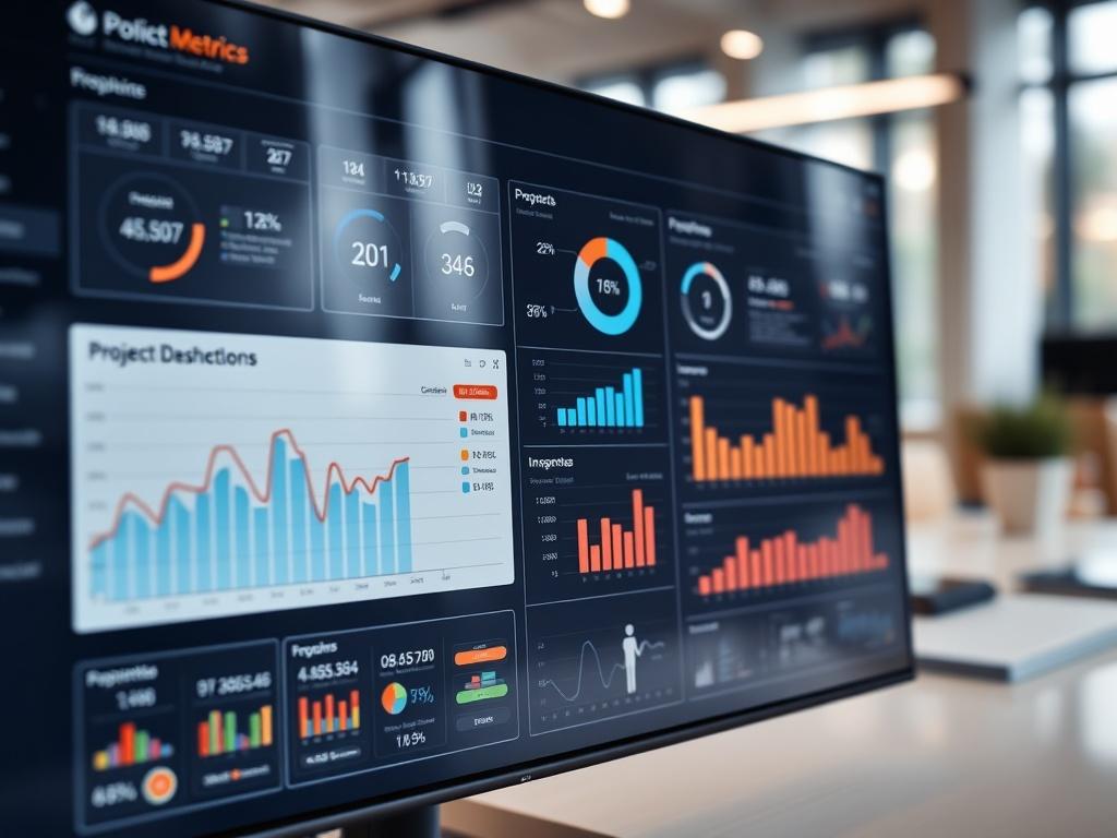 A detailed close-up of a sophisticated dashboard showcasing various project metrics and analytics. The interface should clearly display graphs and charts, indicating project progress and supplier interactions. The setting is a modern office with a professional ambiance, emphasizing the advanced features of the platform.