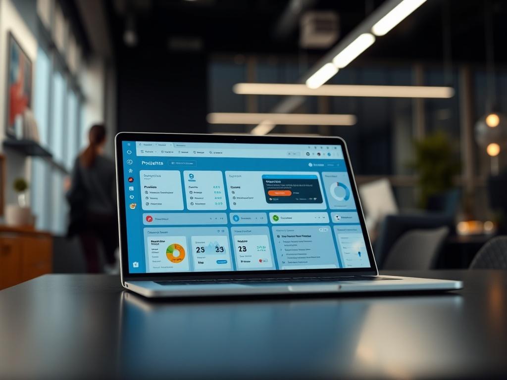 A close-up shot of a modern dashboard interface displayed on a laptop screen, showing a user-friendly project management layout with clear sections for projects, quotes, and communications. The background is a sleek office environment, softly lit, enhancing the tech-savvy atmosphere. The image should be high-resolution, focusing on the details of the dashboard.