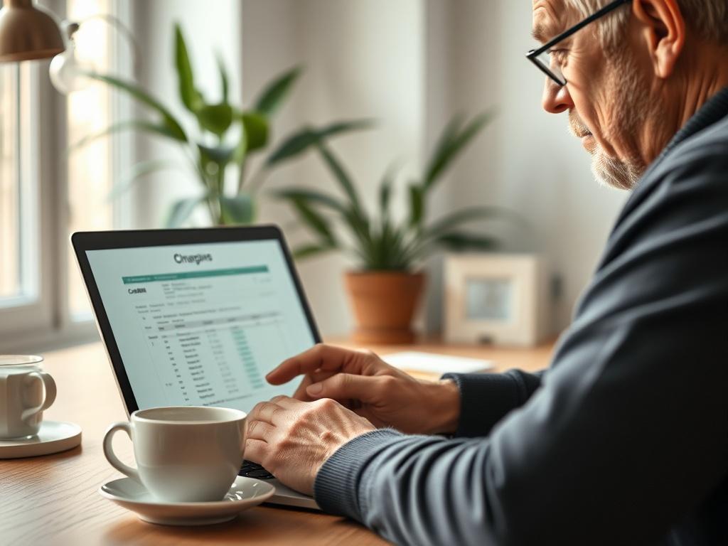 Create a highly detailed and realistic high-resolution photo that visually represents the concept of "BKR a-codering." The image should feature a close-up shot of a person actively engaging with a digital device, such as a laptop or tablet, displaying a credit report or financial document related to BKR (Bureau Krediet Registratie). The subject should be a middle-aged individual, focused and contemplating the information on the screen.

In the background, include a softly blurred home office environment tha