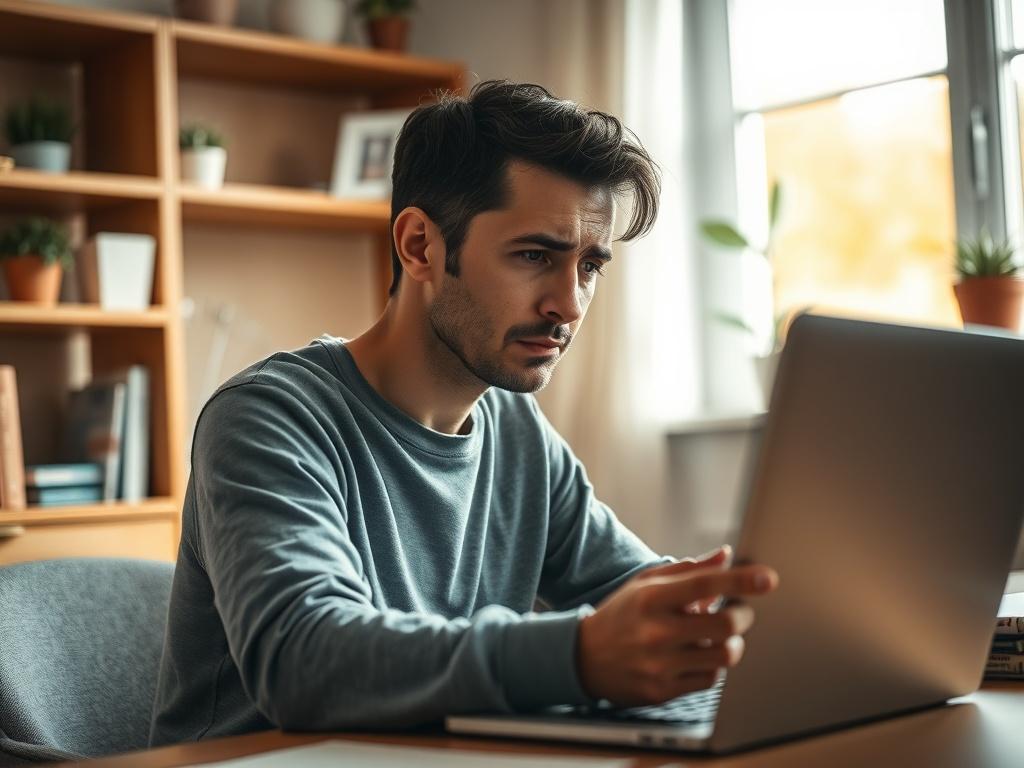 Create a realistic high-resolution photo that encapsulates the theme of "Understanding Negative Credit Registrations." The image should feature a close-up shot of a concerned individual seated at a desk, looking intently at a credit report on their laptop. The individual should be in their mid-30s, displaying an expression of worry or contemplation, reflecting the emotional weight of understanding their credit situation. 

The background should be soft and blurred, yet warm and inviting, showcasing a cozy h