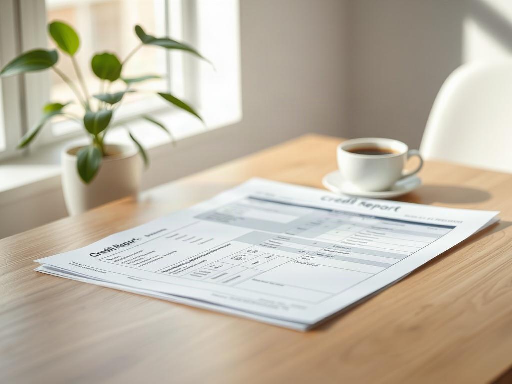 Create a realistic high-resolution photo to illustrate the blog titled "Understanding Your Credit Report." The image should feature a well-organized, single credit report document lying flat on a minimalist wooden desk. The credit report should display various sections, including credit scores, account history, and inquiries, but without actual personal data or text, just visually indicating categories. A soft-focus background should showcase a blurred plant and a cup of coffee to evoke a calming, professio