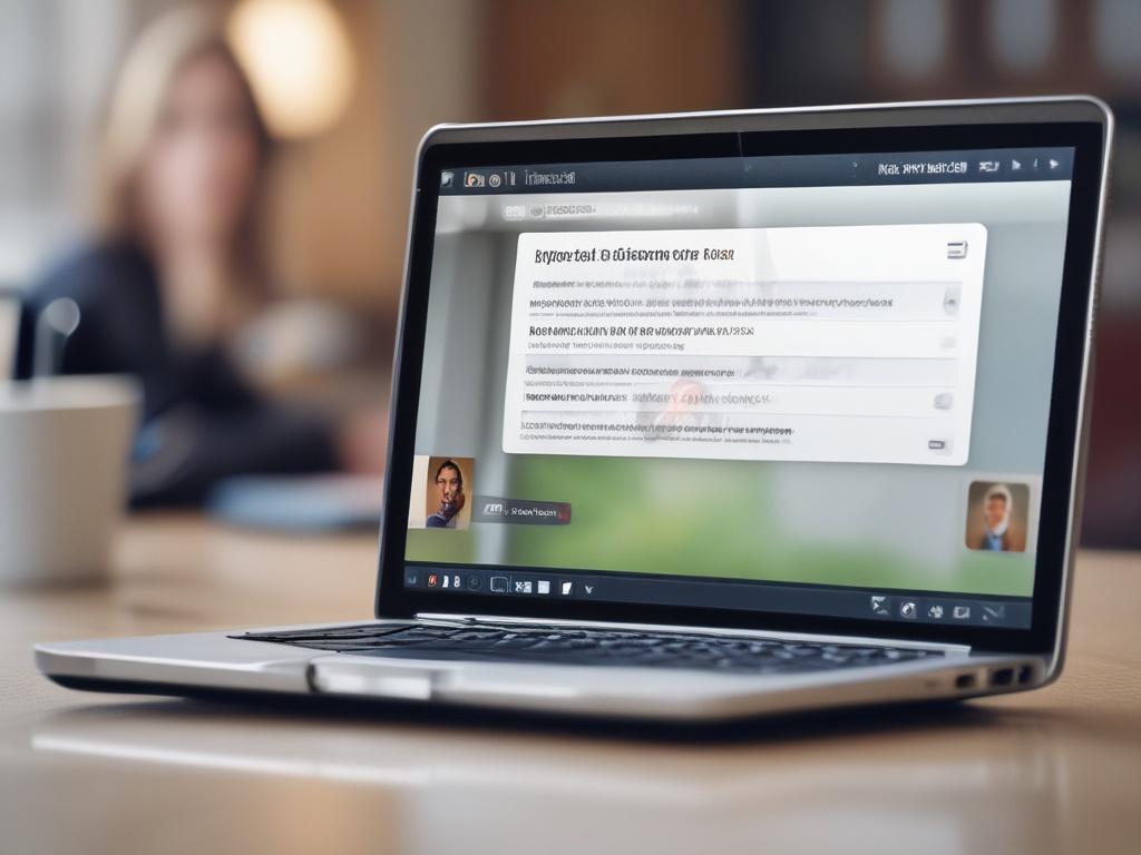A close-up image of a laptop screen showing a lively online discussion forum interface, with visible comments and profile pictures. The background is softly blurred, emphasizing the screen content. The photo is hyper-realistic, captured with a 45mm f/1.2 lens style, reflecting the rgb(50, 170, 39) primary color.