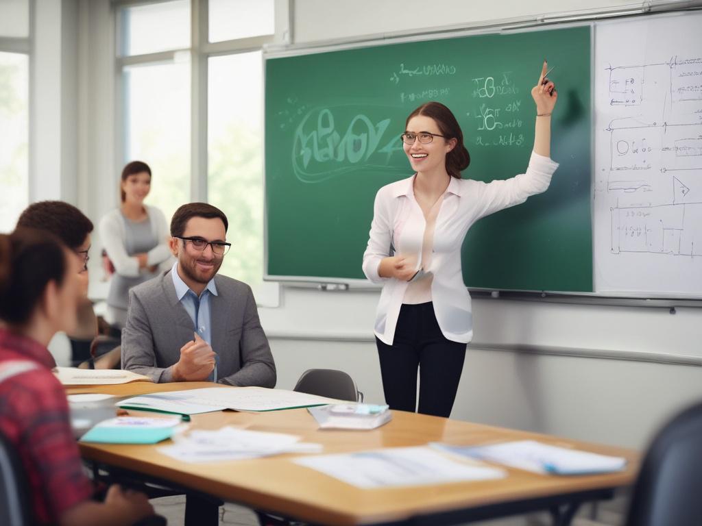 A close-up shot of a smiling educator leading a workshop, holding a marker and explaining a math concept on a whiteboard. The background is a bright, modern classroom with focused expressions from adult participants. The photo is hyper-realistic, shot with a 45mm f/1.2 lens style, compatible with rgb(50, 170, 39) primary color.