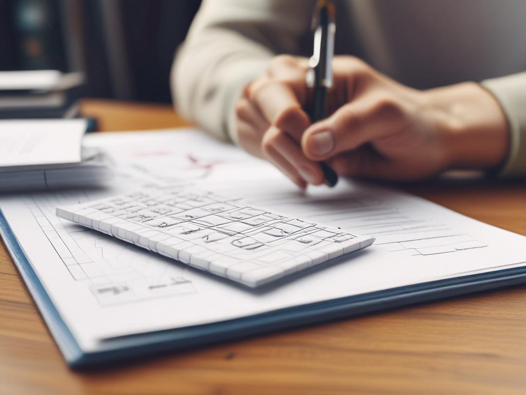 A close-up shot of a hand placing a math worksheet on a table, surrounded by various educational materials like textbooks and calculators. The image is hyper-realistic, with a shallow depth of field, shot using a 45mm f/1.2 lens style, and compatible with rgb(50, 170, 39) primary color.