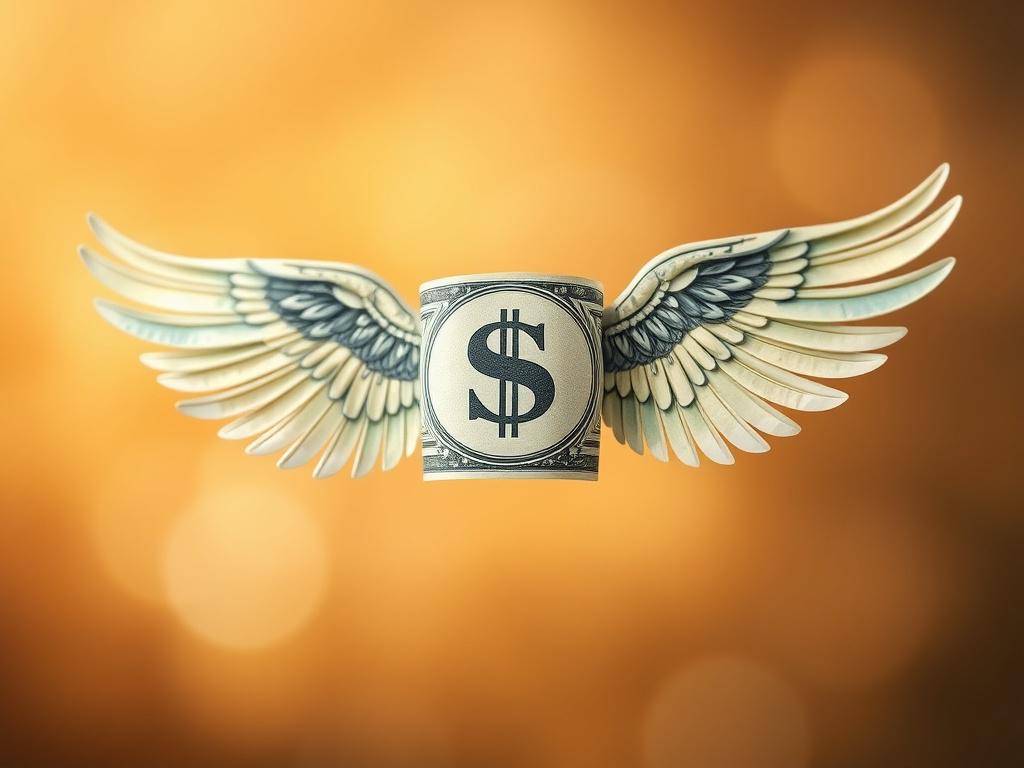 A close-up shot of a dollar bill with wings, symbolizing financial freedom and growth. The dollar bill is positioned in the center of the image, and the wings are intricately designed, appearing to lift the bill upwards. The background is soft and blurred, creating a dreamy effect that emphasizes the dollar bill and its wings. The colors are warm and inviting, with a focus on the primary color #FF6E4E, enhancing the feeling of optimism and prosperity.