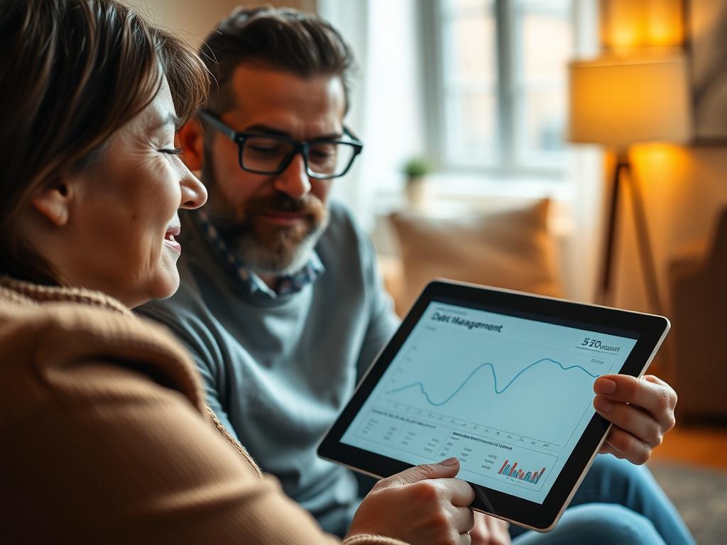 A realistic close-up of a person looking relieved while reviewing a debt management plan with a financial advisor. The advisor is pointing to a chart on a tablet, showing a clear path to reducing debt. The setting is a cozy office with warm lighting, emphasizing a supportive and encouraging environment. The image should convey hope and clarity in financial planning.