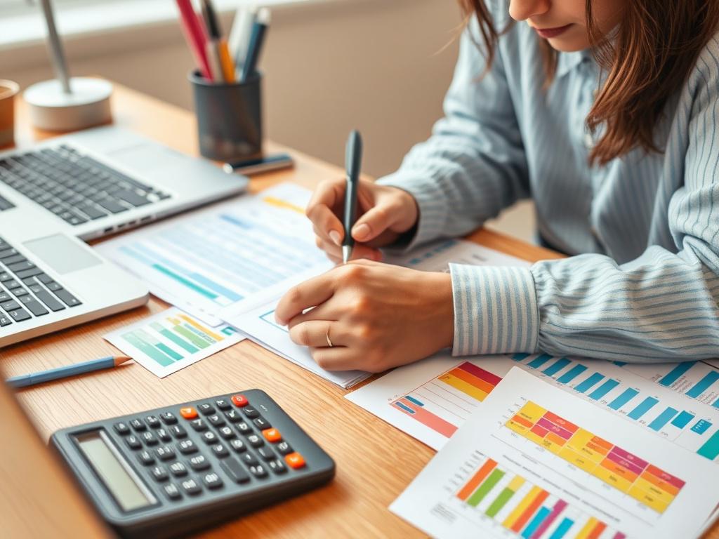 A high-resolution close-up of a person actively budgeting at a desk, surrounded by colorful budgeting tools such as worksheets, a calculator, and a laptop. The individual is engaged, writing notes, and appears focused on their financial planning. The background should be bright and inviting, showcasing a productive workspace that inspires financial organization.