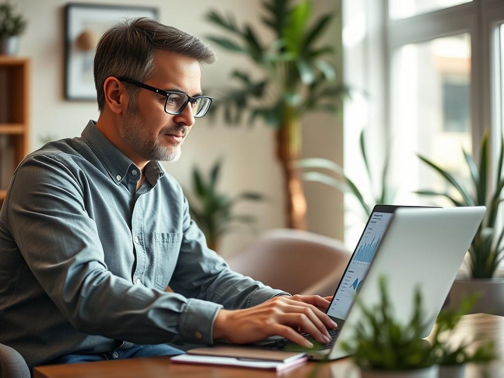 A close-up shot of a confident financial coach engaging with a client in a warm, inviting office setting. The coach is showing a financial plan on a laptop screen with a focused expression. The background features soft, natural lighting and plants, creating a calming atmosphere. The image should reflect a sense of collaboration and trust, emphasizing the personal connection between coach and client.