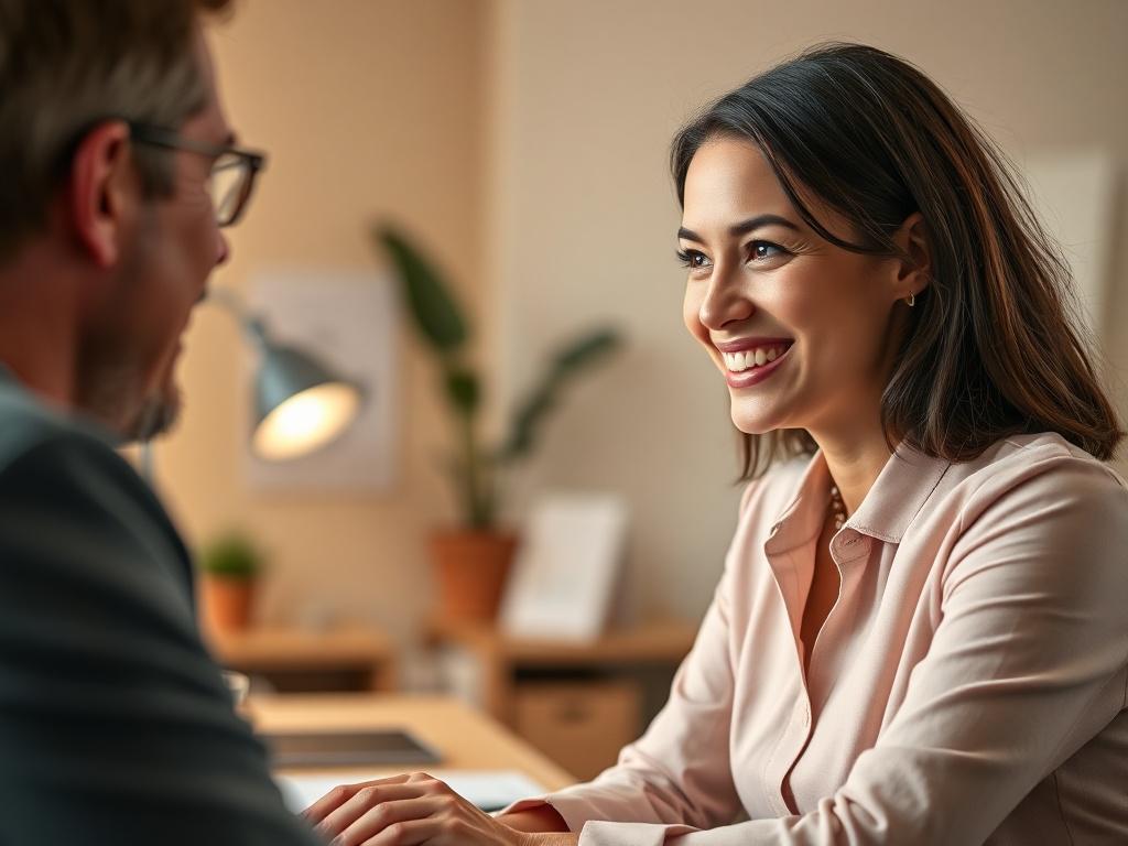 A close-up shot of a confident financial advisor engaging with a client in a warmly lit office. The advisor showcases a welcoming smile, emphasizing trust and expertise. The background is softly blurred, highlighting a few financial planning tools on the desk, creating an inviting atmosphere. The color palette features warm tones, harmonizing with #FF6E4E.