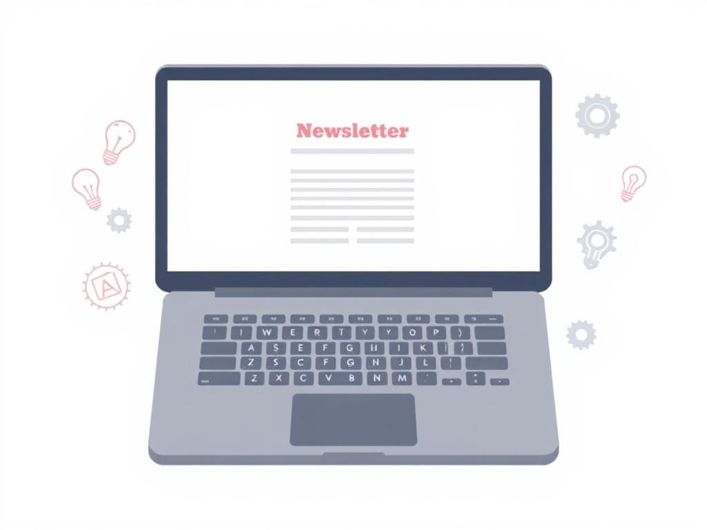 An illustration of an open laptop with a newsletter on the screen, surrounded by AI-related icons (like gears, light bulbs), minimalistic style, featuring soft pastel colors.