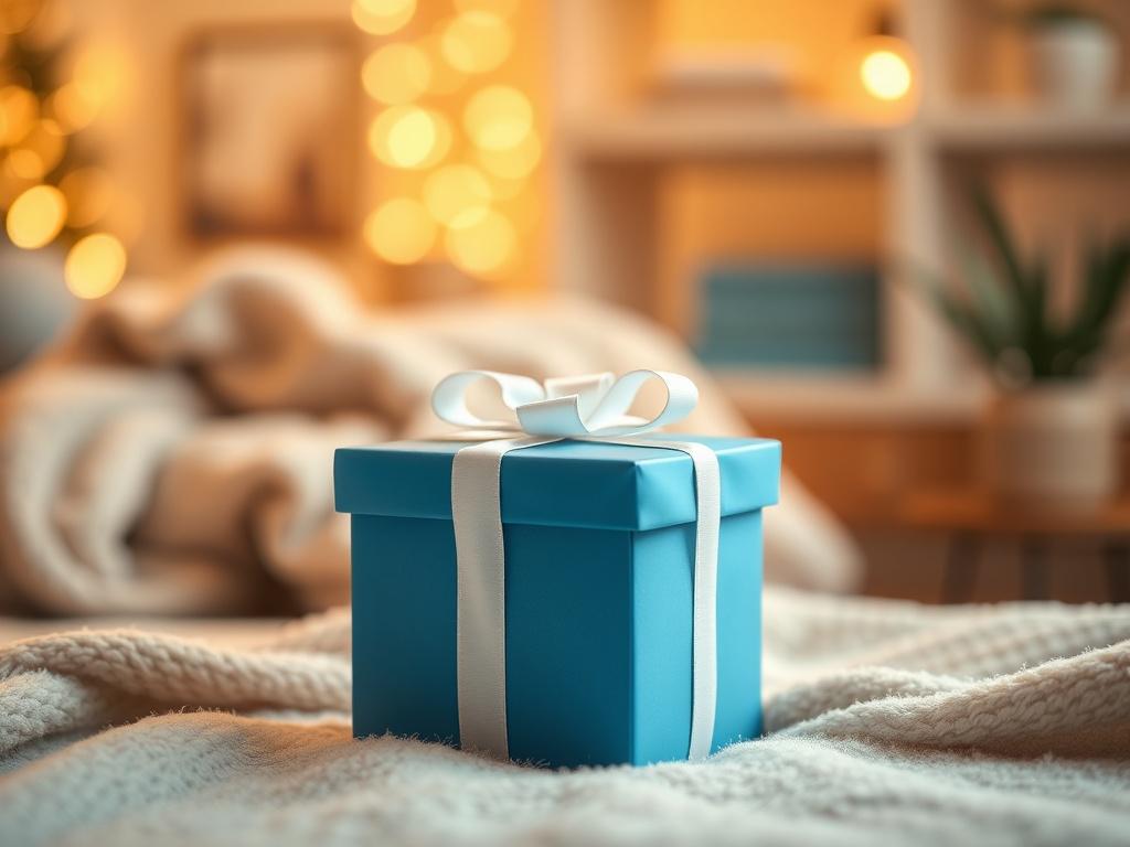 Create a realistic high-resolution photo that illustrates a cozy, inviting scene focused on a single beautiful blue and white gift box. The composition should be simple and clear, with the gift box positioned centrally in the frame, slightly angled to showcase its elegant ribbon. 

Surround the gift box with soft, warm lighting to evoke a serene atmosphere. The background should feature a blurred, softly lit interior, perhaps suggesting a homely setting like a living room or a cheerful corner of a gift shop