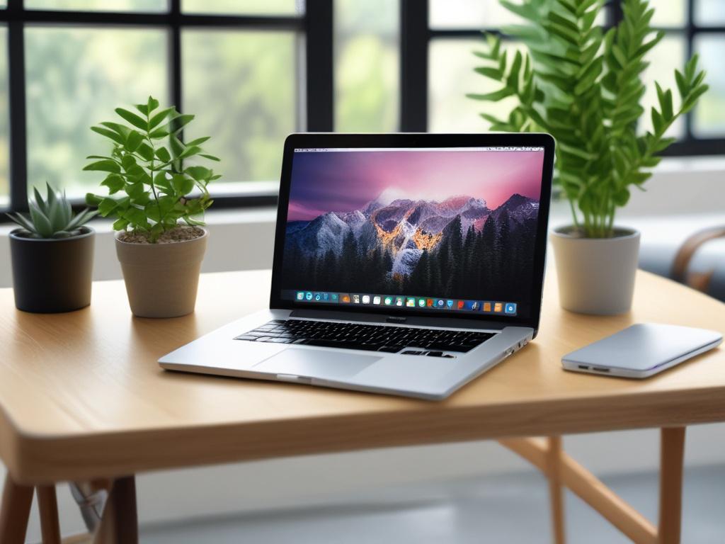 A close-up of a serene, modern workspace featuring a sleek laptop and a potted plant, symbolizing a balance between technology and nature. The background should be minimalistic with clean lines, showcasing vibrant green elements that reflect the primary color rgb(50, 170, 39). The scene should evoke a sense of calm, professionalism, and focus on essential elements.