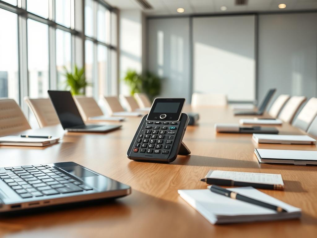 A wireless conference phone placed on a conference table, surrounded