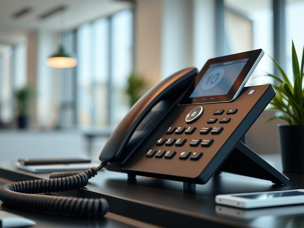 A sleek, modern business phone system on a stylish desk,
