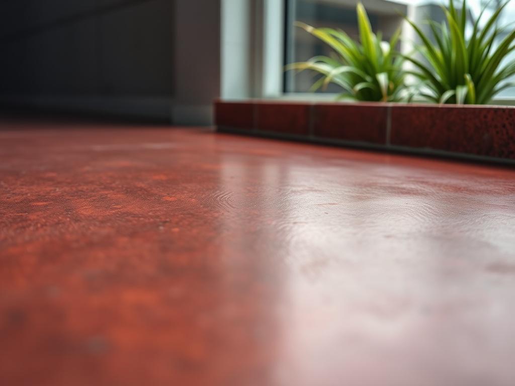 A close-up shot of a beautifully coated concrete surface, showcasing a rich color and smooth texture. The background should be understated to draw attention to the quality of the coating. The image should be taken with a 45mm f/1.2 lens to capture the intricate details.