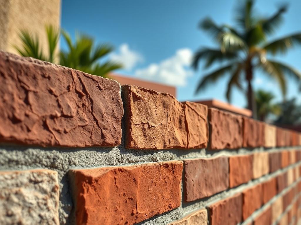 A close-up view of a masonry wall treated with a durable coating, illustrating its rich texture and vibrant finish. The background should be a sunny outdoor setting typical of Florida, emphasizing the coating's compatibility with the environment. The image should capture the details of the masonry and coating, highlighting their weather-resistant properties with a focus on the close-up, taken with a 45mm f/1.2 lens.