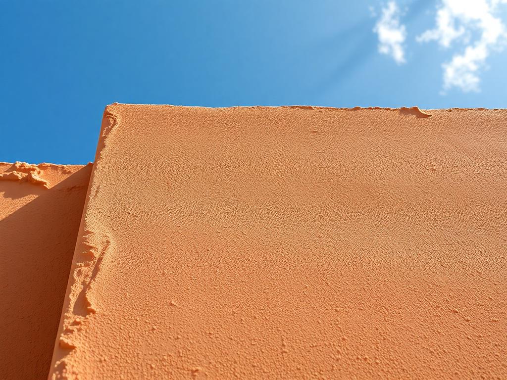 A close-up shot of a freshly applied rubberized urethane coating on a stucco wall, showcasing its smooth texture and vibrant color. The background should be a sunny Florida day with a clear blue sky, highlighting the durability and protective quality of the coating. The focus should be on the coating's details, emphasizing its waterproof and flexible characteristics, captured with a 45mm f/1.2 lens.