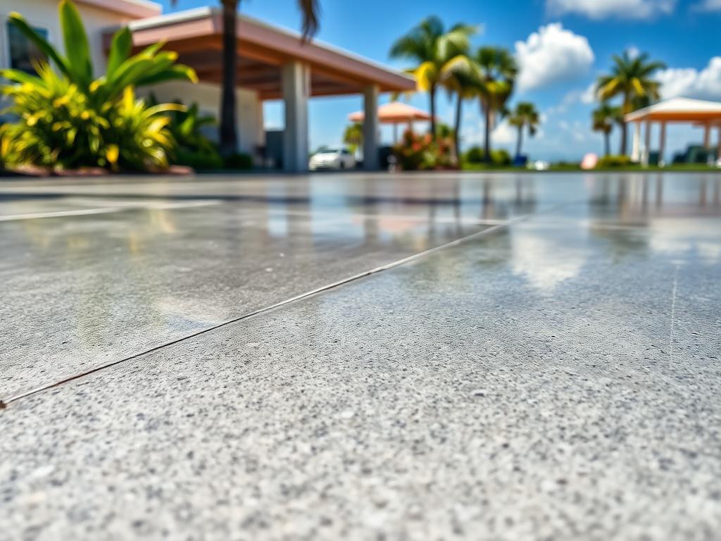 A close-up image of a freshly coated concrete surface, displaying its sleek finish and textures. The setting should reflect a sunny Florida environment, showcasing the coating's durability against the elements. The focus of the image should be on the details of the concrete and the protective layer, captured in vivid colors using a 45mm f/1.2 lens.