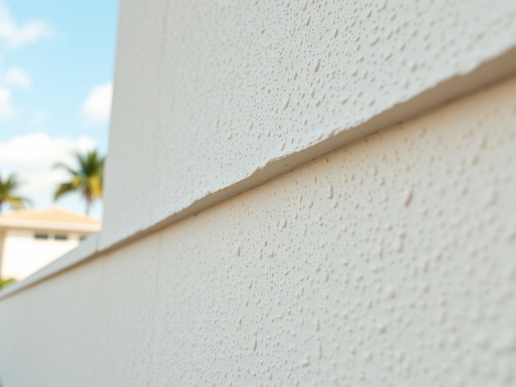 A close-up shot of a freshly coated stucco wall, showcasing the smooth, glossy finish of a rubberized urethane coating. The image should highlight the texture and color depth, with a blurred background of a sunny Florida landscape. The composition should be simple and clear, with a focus on the wall's surface.