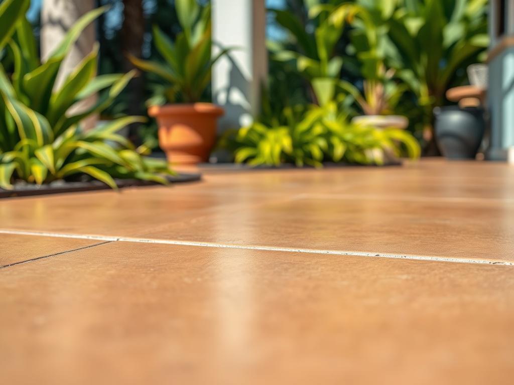 A vibrant close-up of a newly coated concrete surface, showcasing its smooth finish and protective layer. The scene captures the essence of a well-maintained outdoor area in Florida, with lush plants in the background that enhance the appeal. The image should be high-resolution, taken with a 45mm f/1.2 lens style.