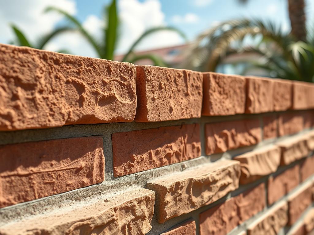 A detailed close-up image of a freshly coated masonry wall, highlighting the texture and color richness of the coating. The background features a sunny Florida day, with soft greens and blues that complement the masonry, enhancing the visual appeal. The image should be high-resolution, captured with a 45mm f/1.2 lens style.