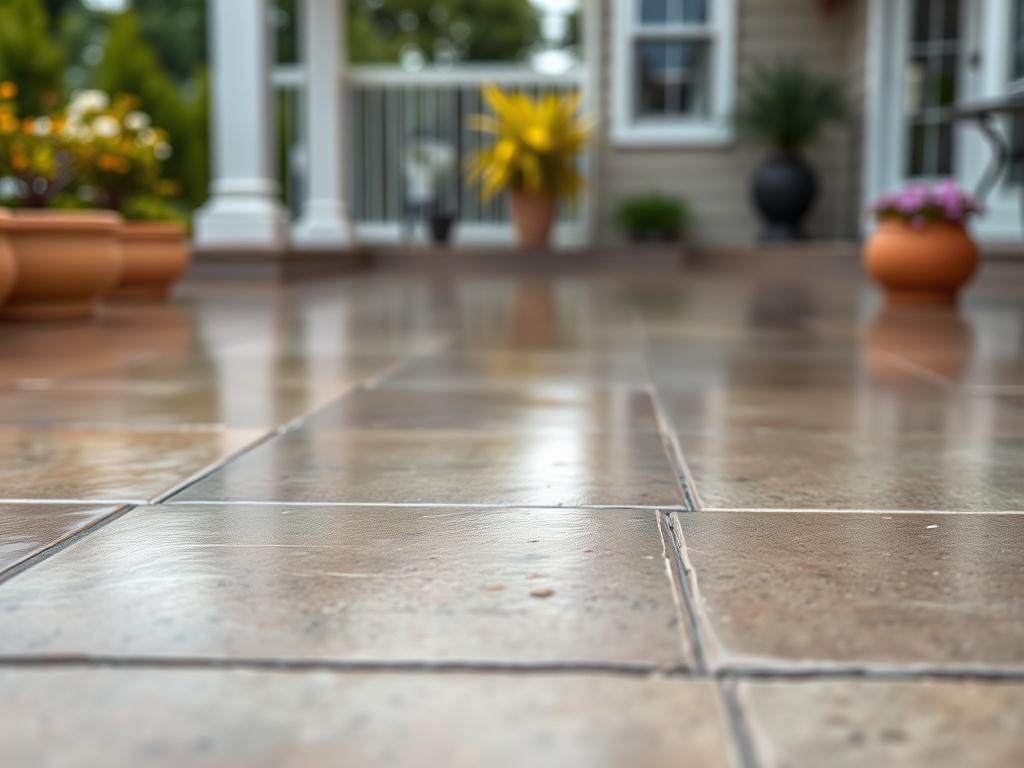 A close-up image of a beautifully coated concrete patio, displaying the sheen and texture of the surface. The background is subtly blurred to highlight the patio, taken with a 45mm f/1.2 lens.