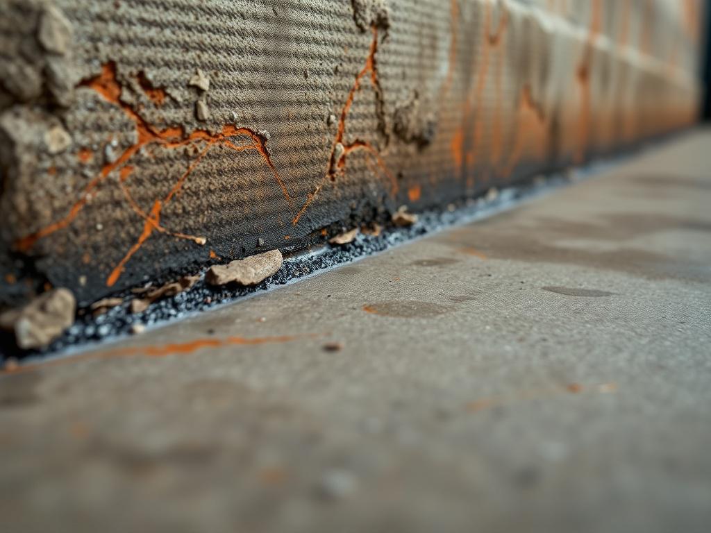 A close-up shot of a high-quality rubberized urethane coating applied on a concrete surface, showcasing its texture and sheen. The background is blurred to emphasize the coating's detail, shot with a 45mm f/1.2 lens.