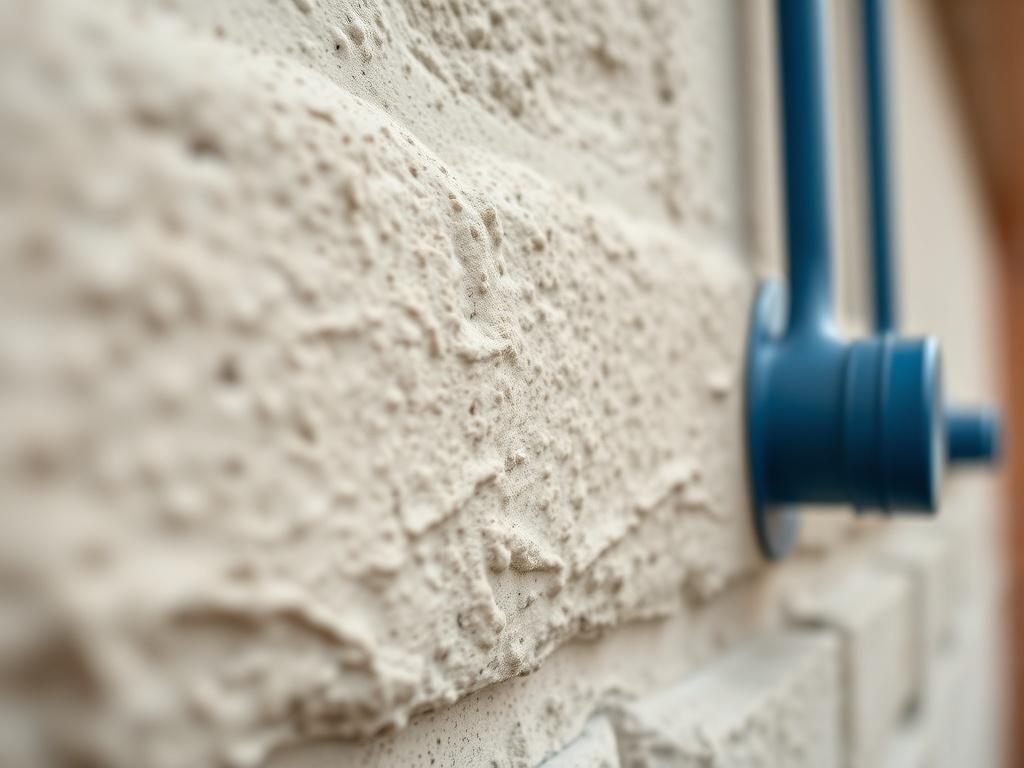 A close-up shot of a freshly applied rubberized urethane coating on a stucco wall, showcasing its smooth texture and vibrant color. The background is blurred to emphasize the coating's quality and finish, captured with a 45mm f/1.2 lens for a hyper-realistic effect.