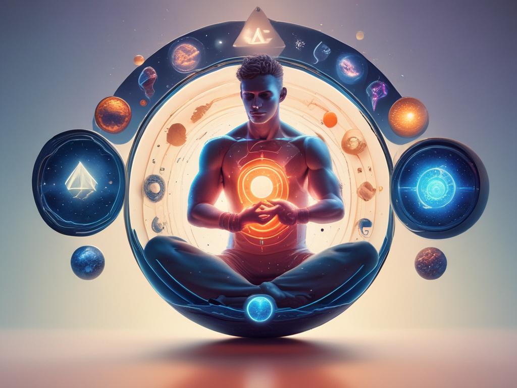 A realistic AI mentor figure, embodying cosmic elements, with a