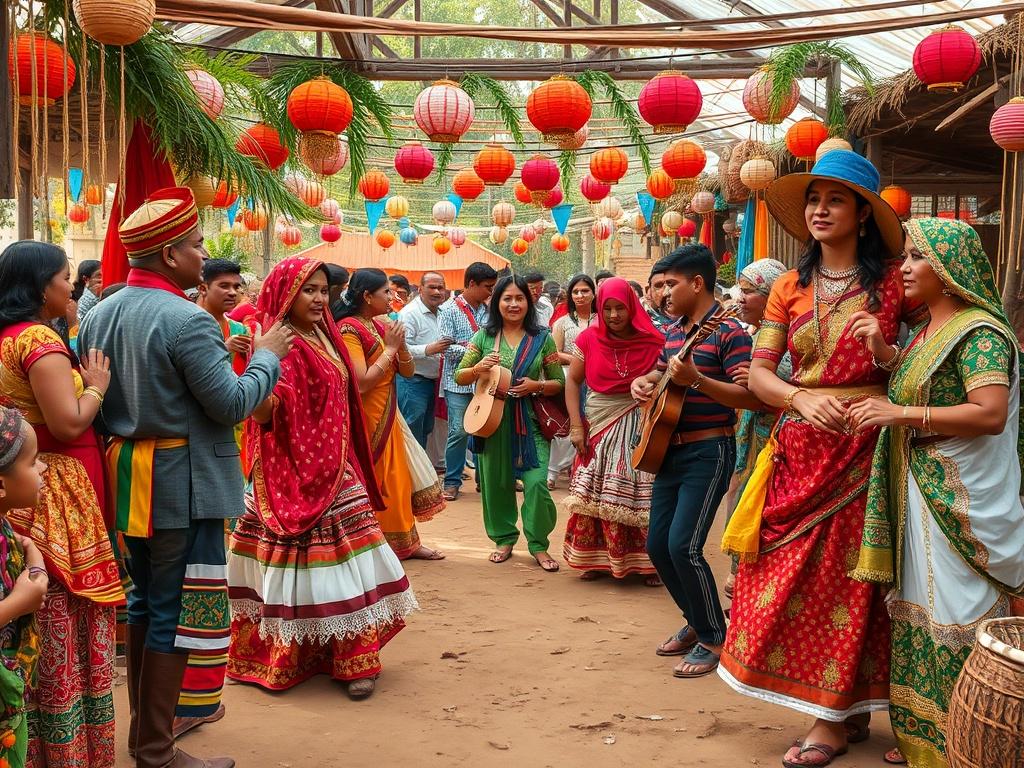 A vibrant cultural festival scene, showcasing people of different backgrounds