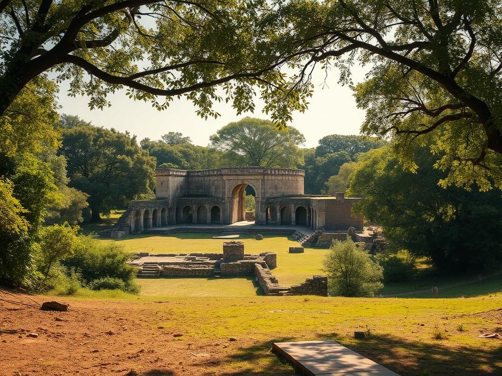 A serene landscape of a historical site, such as an