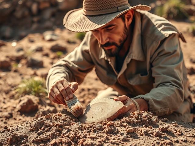 Prompt: Create a realistic high-resolution photo that captures the essence of archaeological discoveries. The image should feature a focused shot of a skilled archaeologist in a sun-drenched excavation site, carefully brushing away dirt from an ancient artifact, such as a beautifully ornate pottery shard, resting prominently in the foreground. The archaeologist, dressed in earth-toned clothing and wearing a wide-brimmed hat, reflects a sense of dedication and curiosity. In the background, softly blurred, in