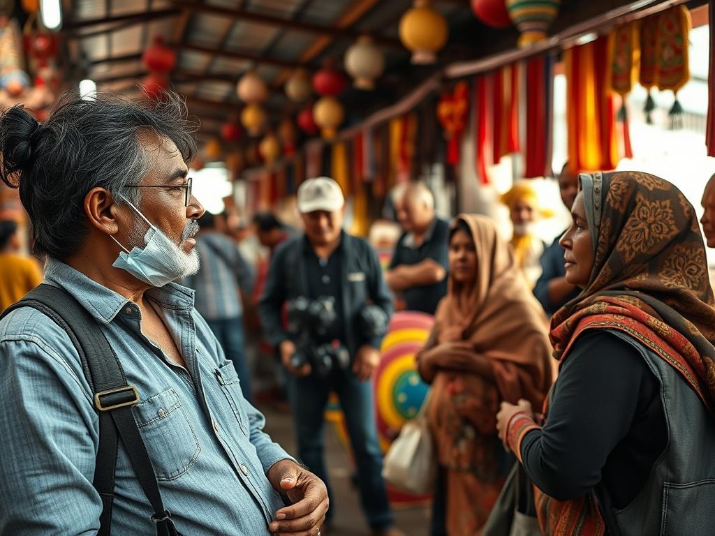 A journalist interviewing locals in a vibrant market, capturing the essence of storytelling. The image should convey energy and engagement, showcasing the journalist actively listening. Background elements should include colorful market stalls and cultural icons, creating a lively atmosphere. Natural lighting enhances the scene, emphasizing the importance of community and connection in storytelling.