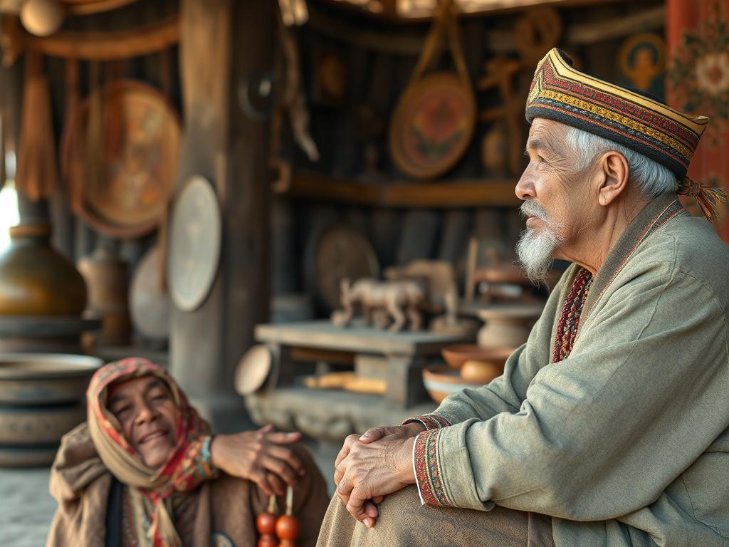 A passionate cultural historian interviewing an elder in a traditional setting. The image should capture the warmth of the interaction, highlighting the significance of oral histories. Background elements should reflect cultural artifacts and symbols, creating a rich and meaningful context. Soft natural light enhances the intimate atmosphere, focusing on the connection between generations.