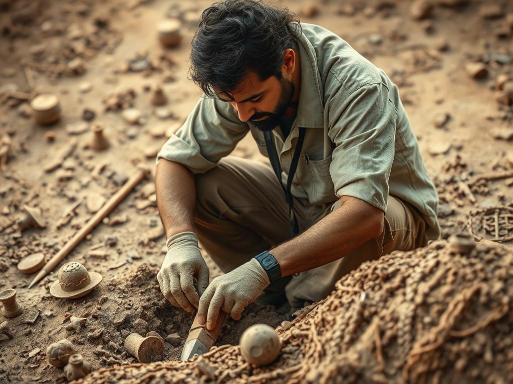 A skilled archaeologist carefully excavating a site, surrounded by ancient artifacts. The scene captures the essence of exploration and discovery in archaeology, with soft natural lighting illuminating the digging area. The archaeologist is focused and engaged, illustrating dedication to uncovering historical treasures. The background features earthy tones and textures that reflect the excavation site, creating a grounded and authentic atmosphere.