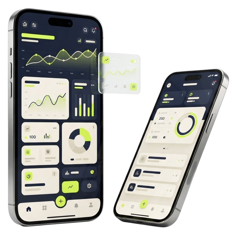 Dois smartphones exibindo telas modernas de aplicativos com gráficos e interfaces