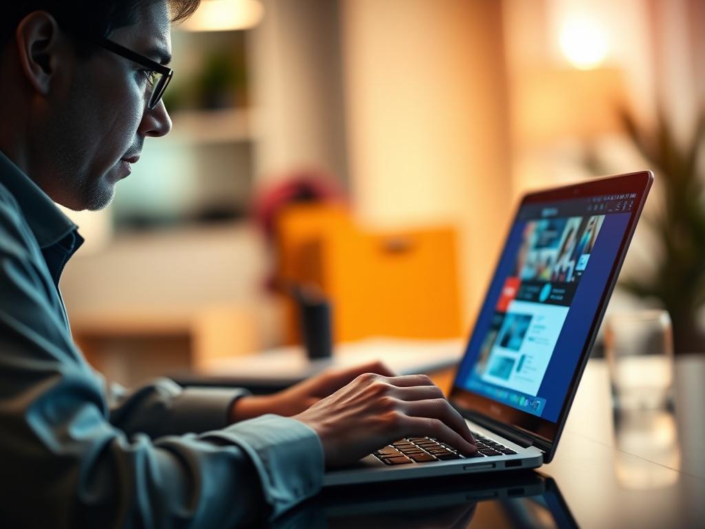 A close-up shot of a professional web designer working passionately on a sleek laptop, with vibrant colors highlighting the screen displaying a beautifully designed website. The background should be blurred to emphasize the designer's focused expression and the details of the laptop. The lighting should be soft and inviting, creating a warm atmosphere that conveys creativity and professionalism. The primary color scheme should include shades of rgb(50, 170, 39) to reflect the brand's identity.