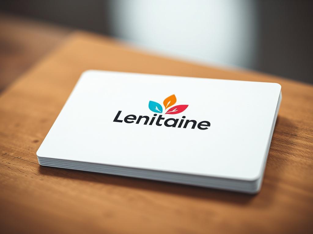 A detailed close-up shot of a logo design displayed on a clean, modern business card. The logo features unique elements and vibrant colors that reflect brand identity. The background is softly blurred to draw attention to the card and its design. The image should be taken with a 45mm f/1.2 lens style, emphasizing the sharpness and quality of the logo.