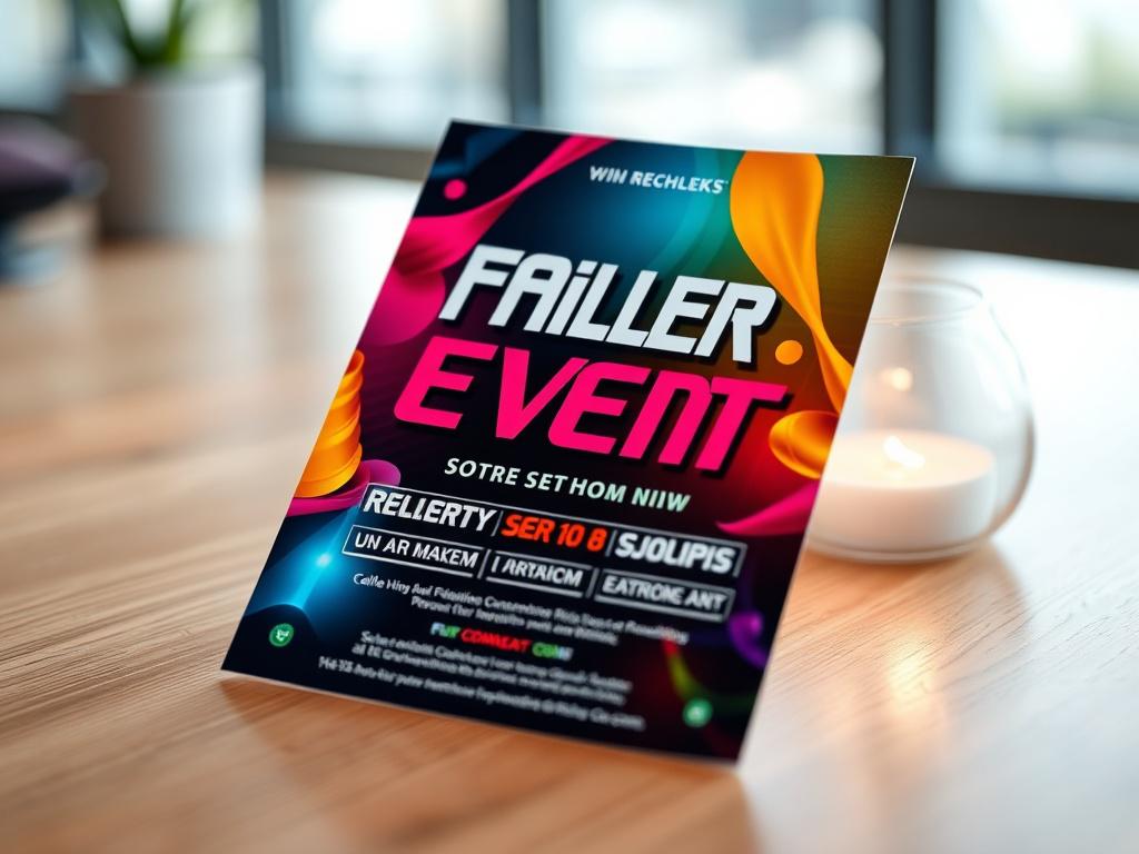 A close-up shot of an elegantly designed flyer featuring vibrant colors and modern typography. The flyer showcases a promotional event with eye-catching graphics. The background is softly blurred to emphasize the flyer, highlighting its details and textures. The image should be shot with a 45mm f/1.2 lens style, emphasizing the high-quality design with realistic elements.