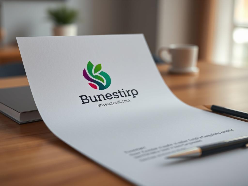 Create a realistic high-resolution image that embodies the theme "Elevate Your Brand with Stunning Designs." The composition should be simple and clear, featuring a single subject: a well-crafted, visually striking business logo displayed prominently on a premium piece of stationery. The logo should be vibrant and eye-catching, designed to reflect professionalism and creativity, with a color palette that incorporates the rich green of rgb(50, 170, 39). 

The background should be soft and unobtrusive, possib