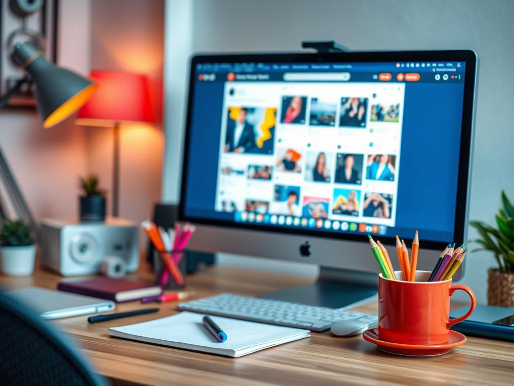 A high resolution image depicting a well organized workspace with