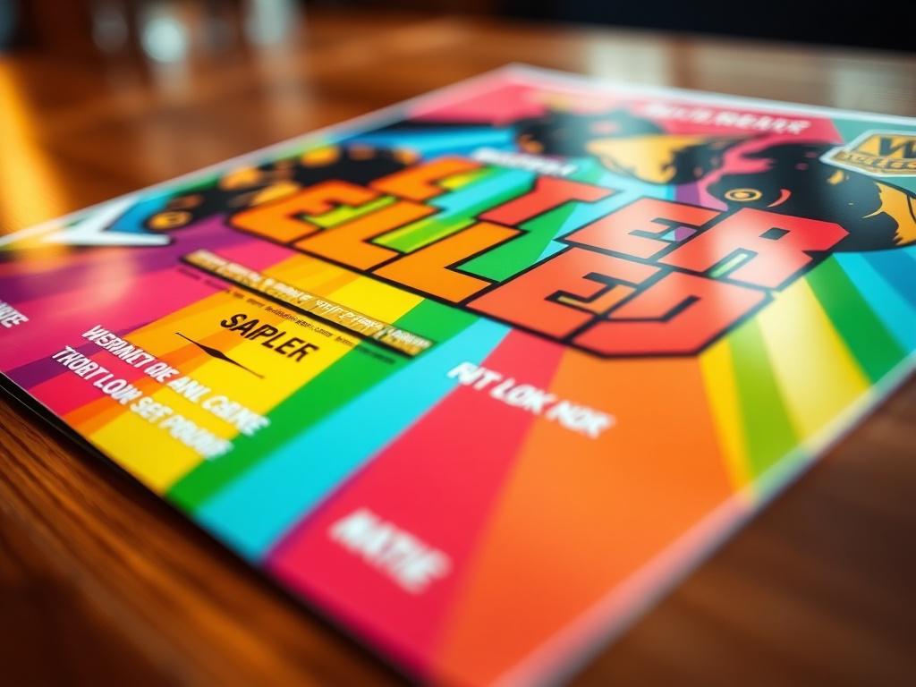 A close-up shot of a vibrant flyer design featuring bold colors and an eye-catching layout, placed on a wooden table. The focus is sharp on the flyer, showcasing intricate details, while the background softly blurs to create depth. The image should have a hyper-realistic quality, with warm lighting that enhances the colors, particularly highlighting the rgb(50, 170, 39) primary color. Shot with a 45mm f/1.2 lens for a professional finish.