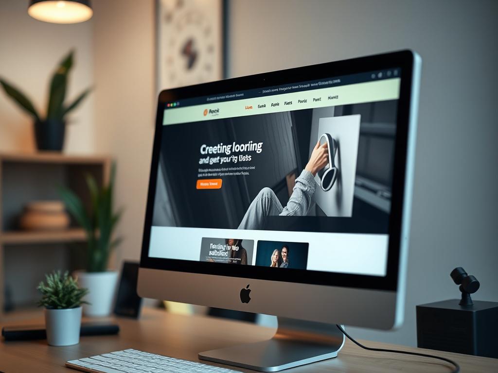 A hyper-realistic close-up shot of a computer screen displaying a beautifully designed website layout. The design features clean lines, modern fonts, and engaging visuals that represent a strong brand presence. The background should be softly blurred to keep the focus on the screen while incorporating elements that suggest a professional workspace. This image should be shot with a 45mm f/1.2 lens to highlight the details of the website.