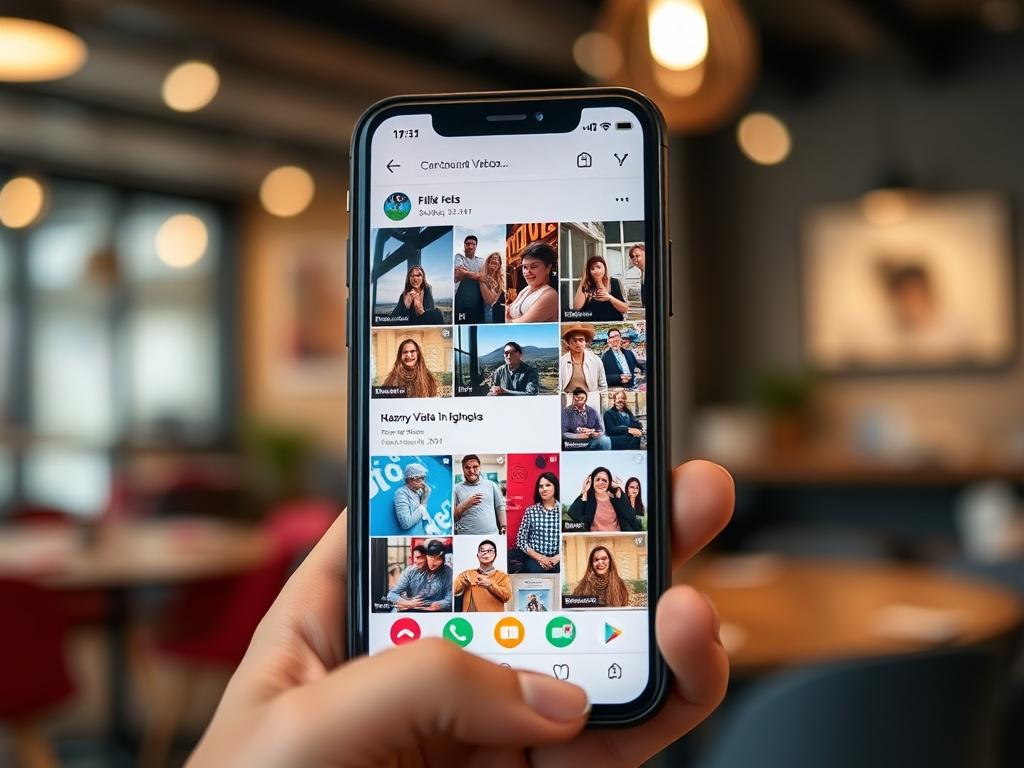 A hyper-realistic close-up shot of a smartphone displaying a vibrant social media feed filled with engaging posts and images. The screen should highlight the quality of content being shared, showcasing various types of media. The background should be softly blurred, evoking a modern and inviting atmosphere. This image should be shot with a 45mm f/1.2 lens to emphasize the details on the smartphone's screen.