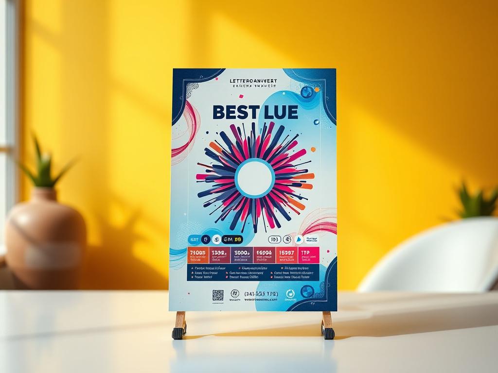 A hyper-realistic close-up shot of a beautifully designed custom flyer displayed on a clean, modern background. The flyer showcases vibrant colors and intricate graphics that draw the viewer's eye. The image should be shot with a 45mm f/1.2 lens to create a shallow depth of field, emphasizing the details of the flyer while softly blurring the background. The primary color scheme should complement the vibrant design of the flyer.