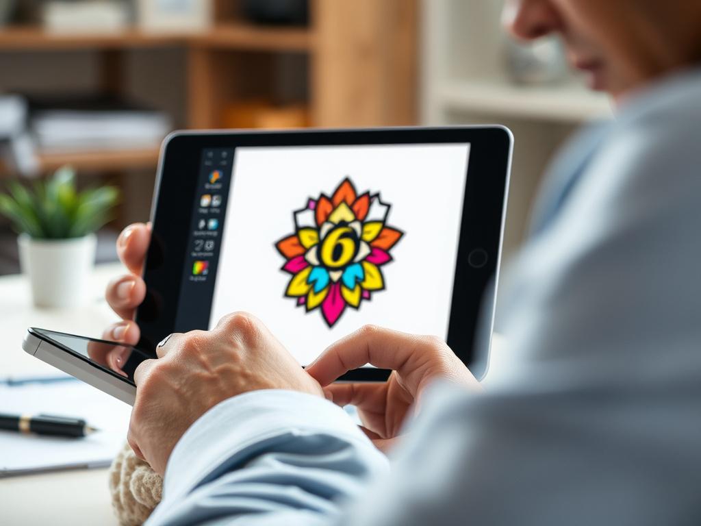 A close-up shot of a designer working on a digital tablet, creating a logo design. The tablet screen shows a vibrant logo in progress, with colorful elements and intricate details. The background is softly blurred, emphasizing the designer's focused expression and the creative workspace, shot with a 45mm f/1.2 lens style.