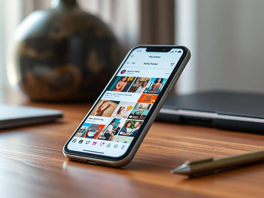 A close-up shot of a smartphone displaying a well-curated social media feed on a stylish desk. The screen features vibrant posts and engaging content. The background is softly blurred, drawing attention to the smartphone. The image is rendered in hyper-realistic style, shot with a 45mm f/1.2 lens to capture the details of the smartphone and its screen.